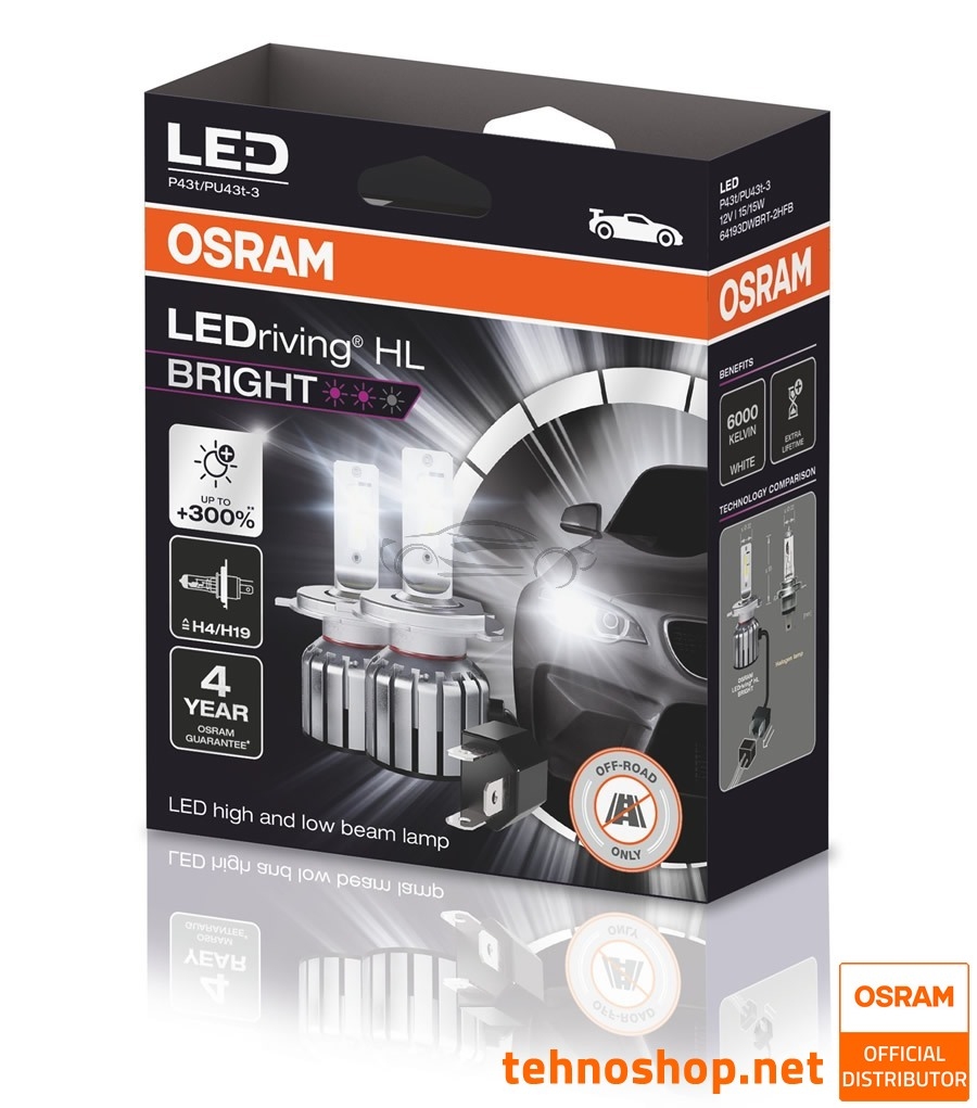 LED ŽARNICE H4/H19 OSRAM LEDriving HL BRIGHT 64193DWBRT-2HFB 12V P43t 2HFB
