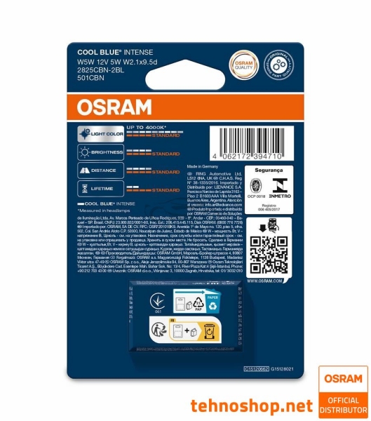 BULB OSRAM HALOGEN W5W 2825CBN-2BL COOL BLUE INTENSE 5W 12V W2.1x9.5d 2BL