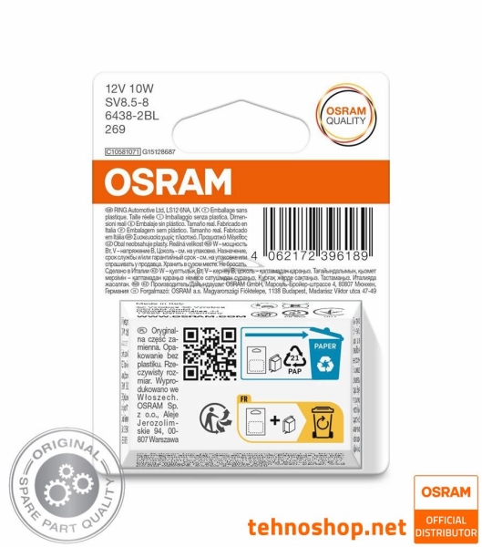 ŽARNICA OSRAM 10W 6438-2BL ORIGINAL 12V SV8.5-8 31mm 2BL