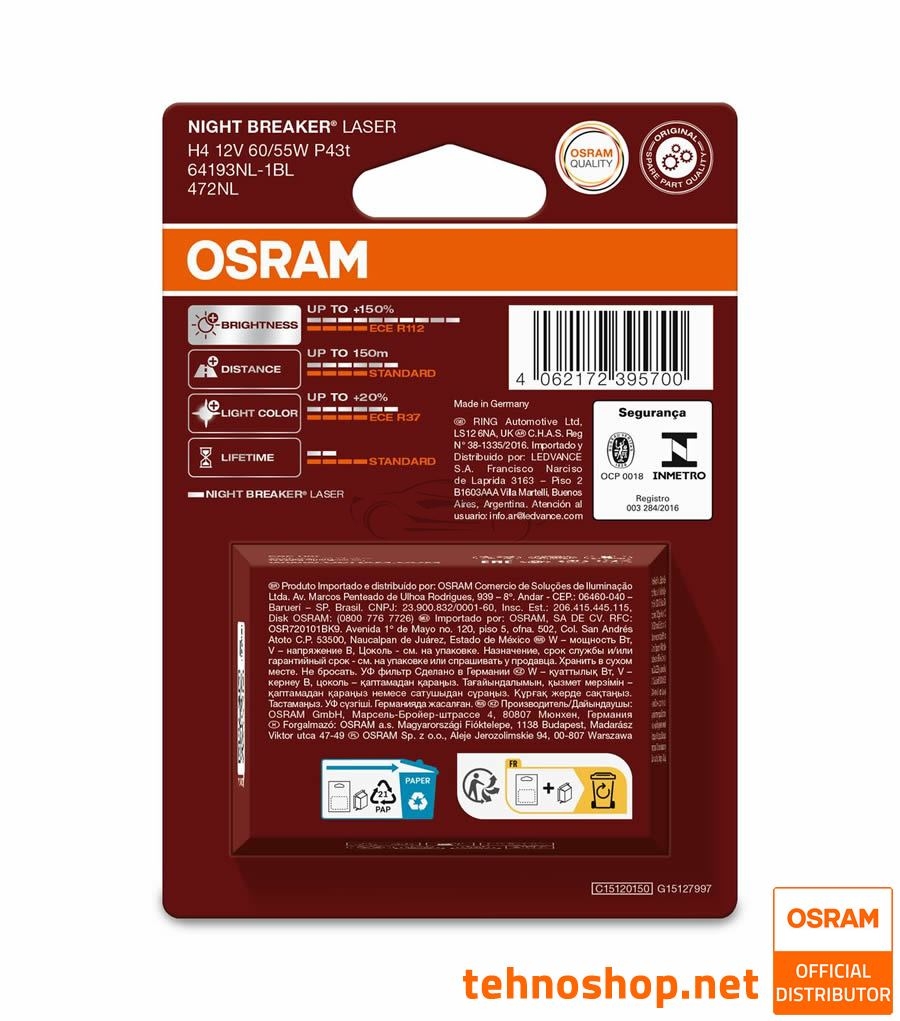 ŽARNICA OSRAM HALOGEN H4 NIGHT BREAKER LASER 64193NL-1BL 60/55W P43t 1BL