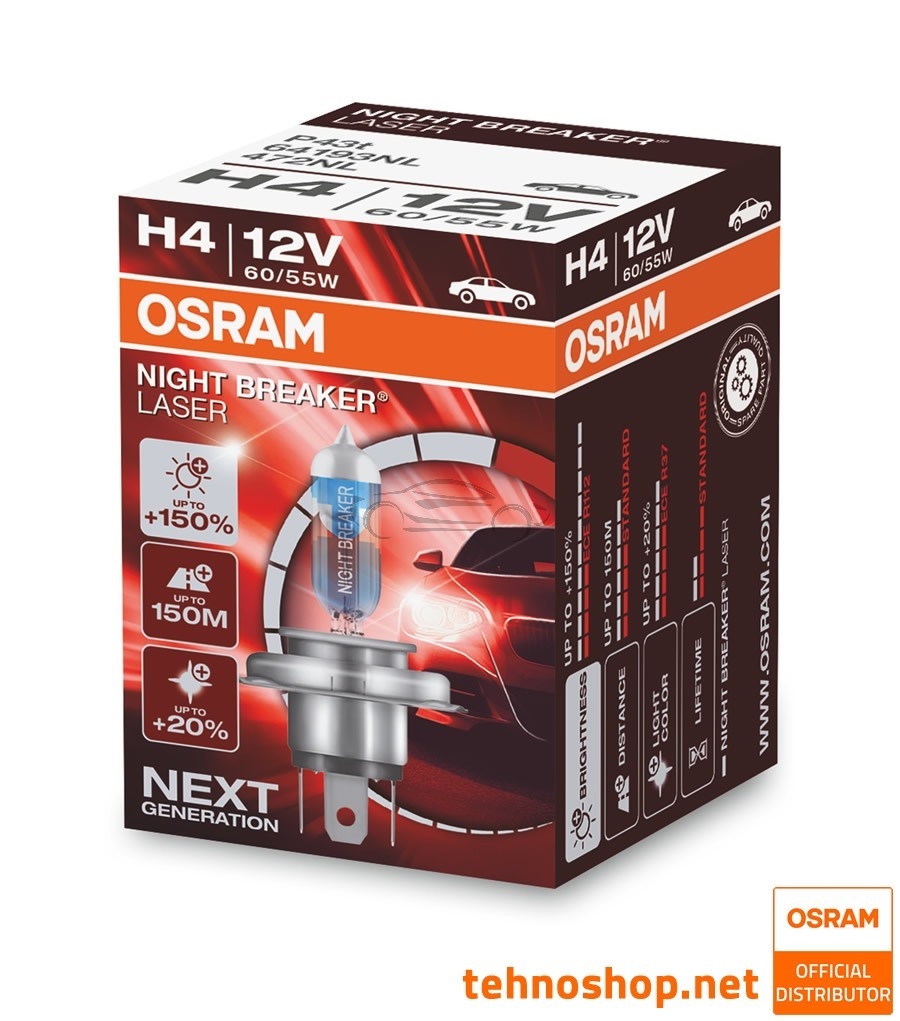 Osram Night Breaker Laser 12v H4 Car 150% Brighter Upgrade Headlight Bulbs  Set +