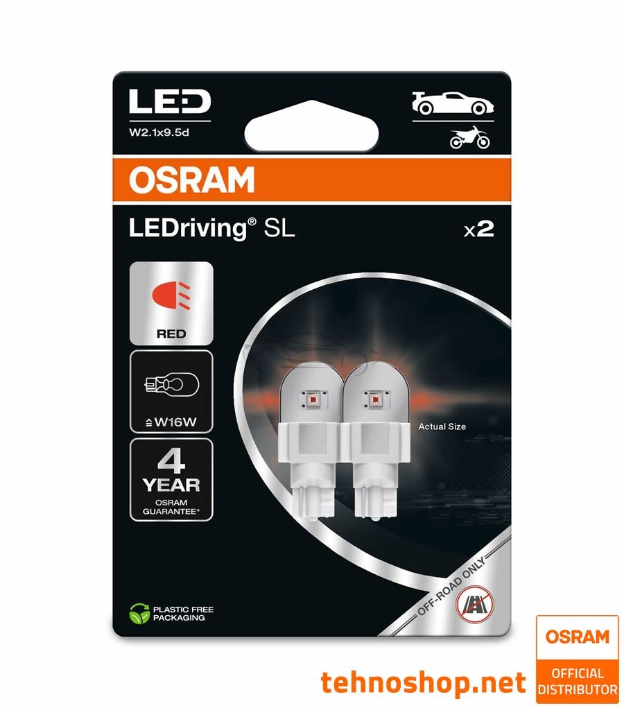 ŽARNICA OSRAM LED W16W rdeča LEDriving SL 12V 1,4W 921DRP-2BL W2.1x9.5d 2BL