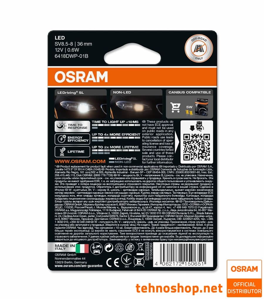 BULB OSRAM LED C5W (36 mm) LEDriving® SL 12V 0,6W 6418DWP-01B SV8.5-8 BLI1