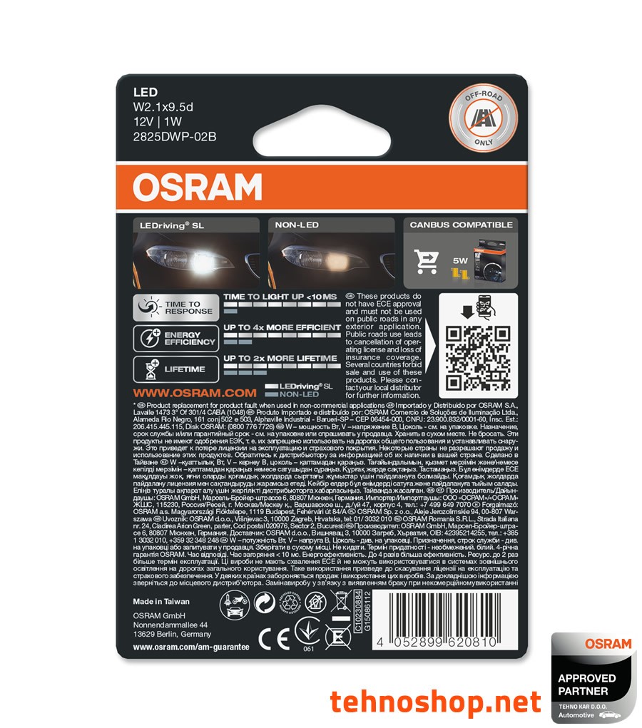 Osram 2825DWNBC-02B - Bombillas de led homologadas T10 w5w 12V 6000ºK 1W  W2.1x9.5d (Blister 2 bombillas)