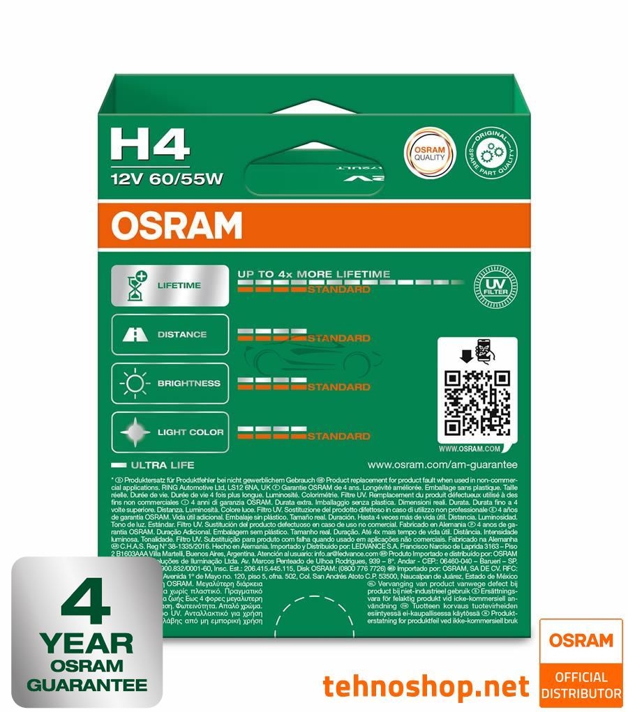 HALOGEN BULB OSRAM H4 64193ULT-2HB ULTRALIFE 60/55W 12V P43t 2HB